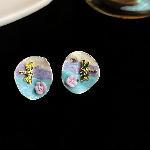 Retro oil painting flower earrings French super fairy purple oil drop earrings high-end earrings