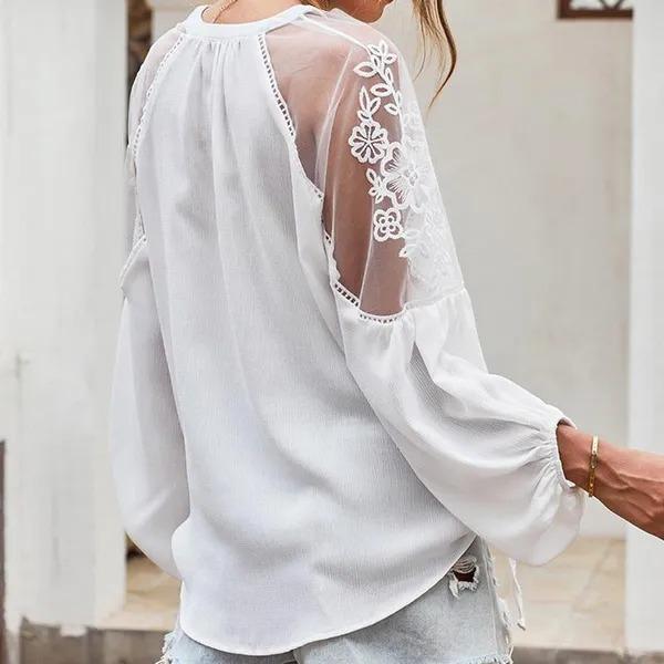 Women's Chiffon Blouse Unique Transparent Lace Floral Embroidery Cloth Fashion Top