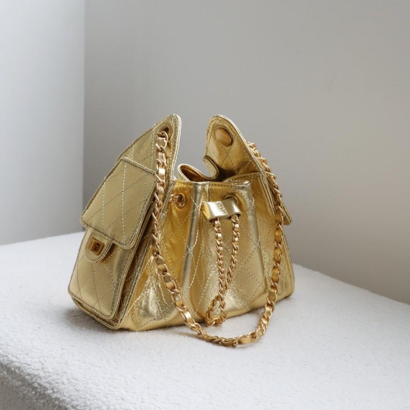 Bolsa de Corrente Rombos Acolchoada Vintage Feminina Couro Genuíno Hobo Ombro Tamanho Médio Dourada