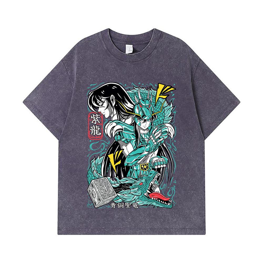 275 GSM Washed T-shirts 100% Cotton Saint Seiya V8 Shiryu Print Unisex Heavy Cotton T Shirt