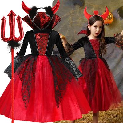 Mädchen Cosplay Vampir Halloween Kleid für Kinder Geisterbraut Gothic Kostüm Graf Vampiran Karneval Outfit Schwarz Rot Kleidung