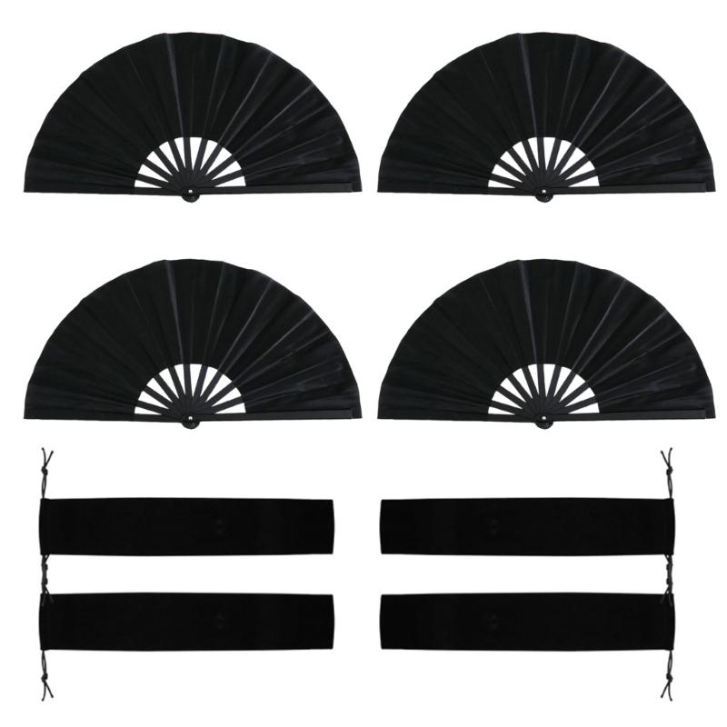 

4Pcs Large Folding Hand Fan Retro Cloth Fabric Fan Chinese Kung Fu Taichi Hand Fan for Men/Women Festival,Dance,Gift чорний