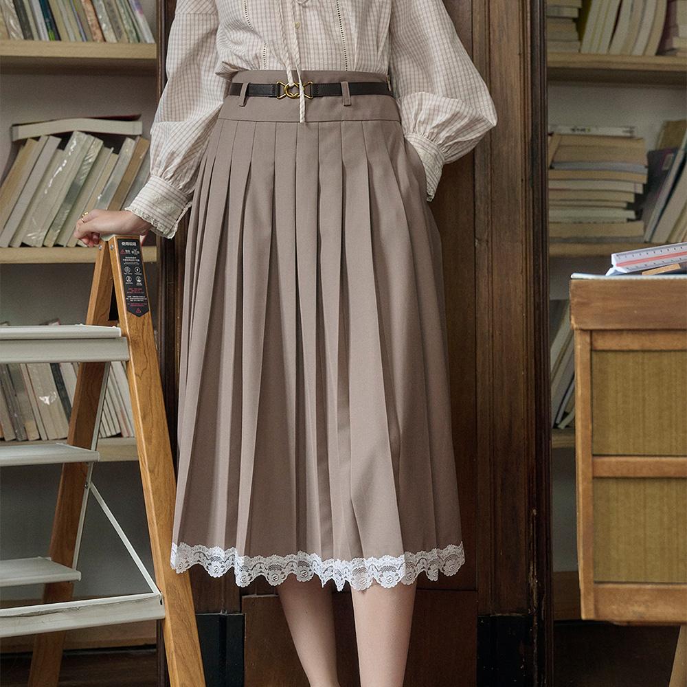 Simpeulleteulo Sr_High-Waisted Pleated Lace Skirt_Brown