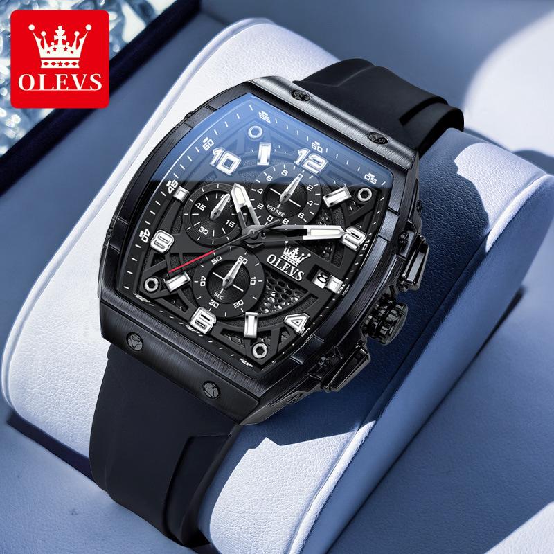 OLEVS Mens Watch Fashion Silicone Strap Tonneau Chronograph Quartz Watch Waterproof Luminous Sports Date Watches Gifts