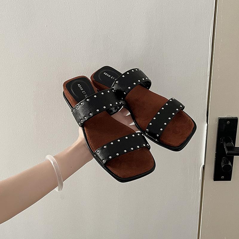 

French retro rivet with small wedge slippers summer seaside vacation leisure beach women sandals 35