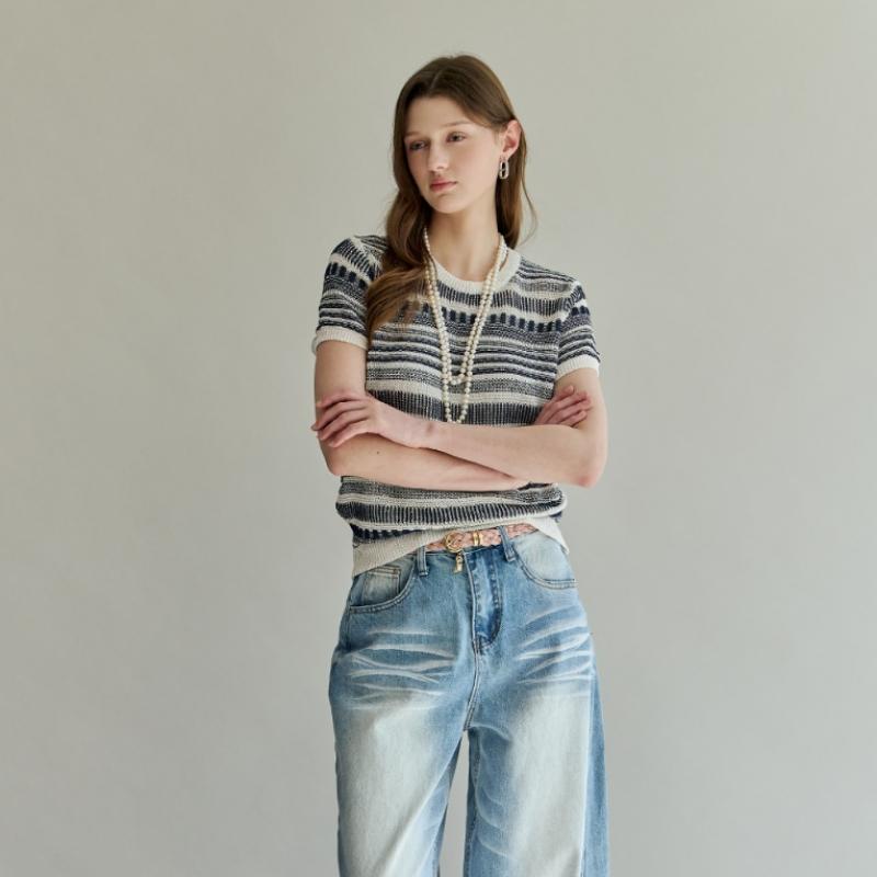 Maxza Mix Pattern Stripe Short Sleeve Knit