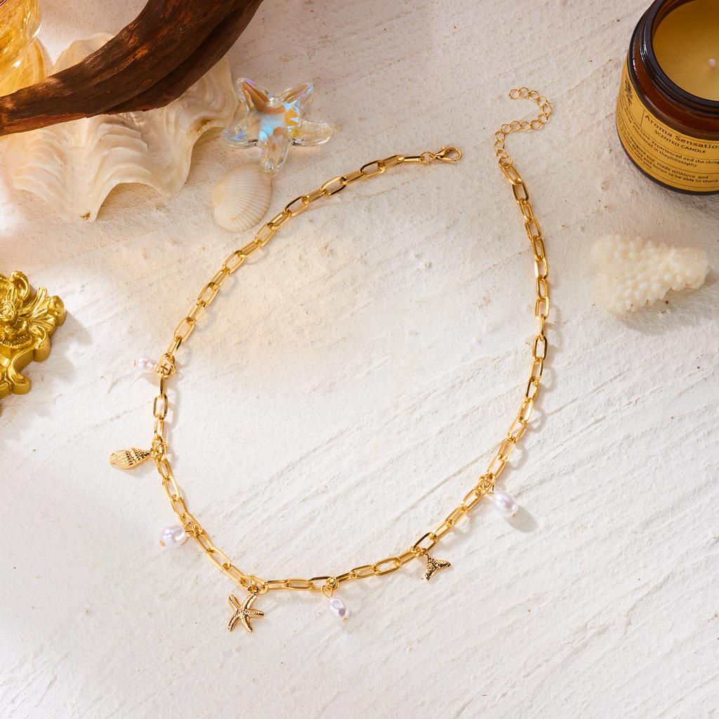 Bohemian Starfish Conch Mermaid Tail Pendant Necklace for Women Minimalist Imitation Pearl Beaded Chain Holiday Jewelry Gift