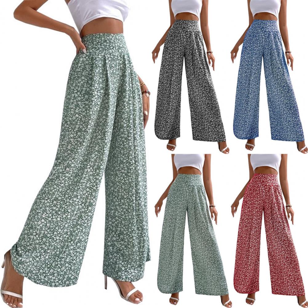 Damen Freizeithose, elastische hohe Taille, gerade Hose mit weitem Bein, Blumendruck, lockere Passform, Freizeithose für den Alltag
