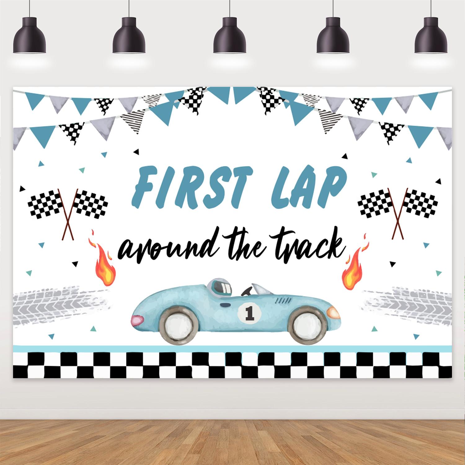 Racing themed party background, first lap background around the children s track, first birthday party supplies.