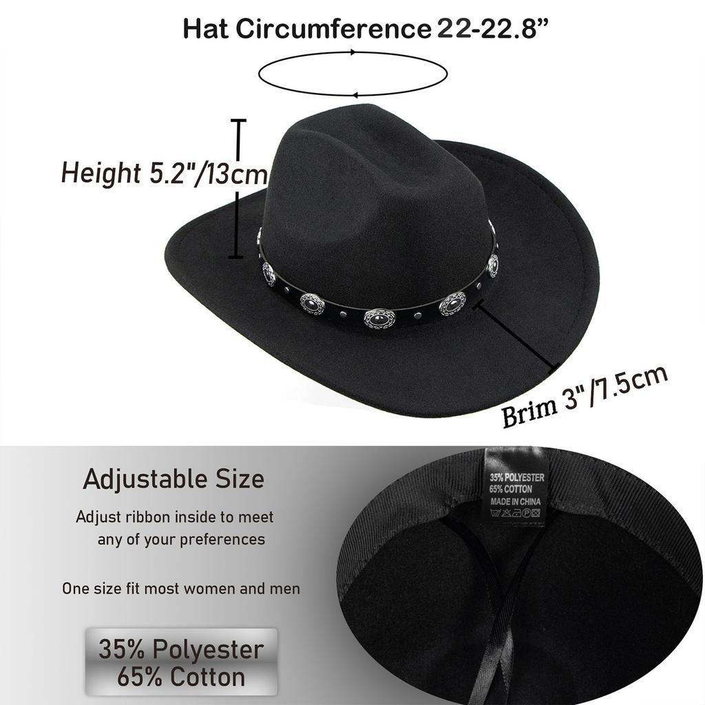 Felt Cowboy Hat for Women Men Rolled Wide Brim Cowboy Hats Western Hat with Buckle Belt Cowboy Cowgirl Hat