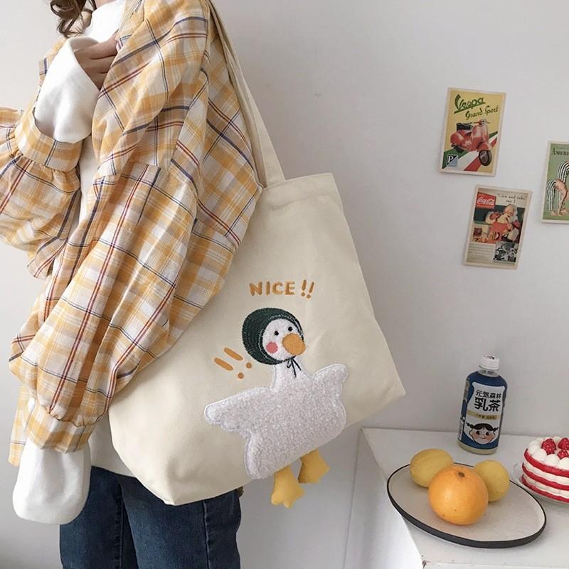 Adorable Duck Pattern Canvas Carryall With Inner Zipper Pocket For Commuting