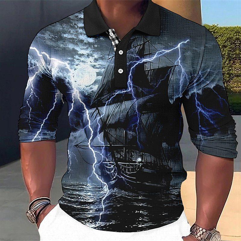 Long Sleeve Polo Shirt with Snowflake Print, Trendy Casual Top for Men