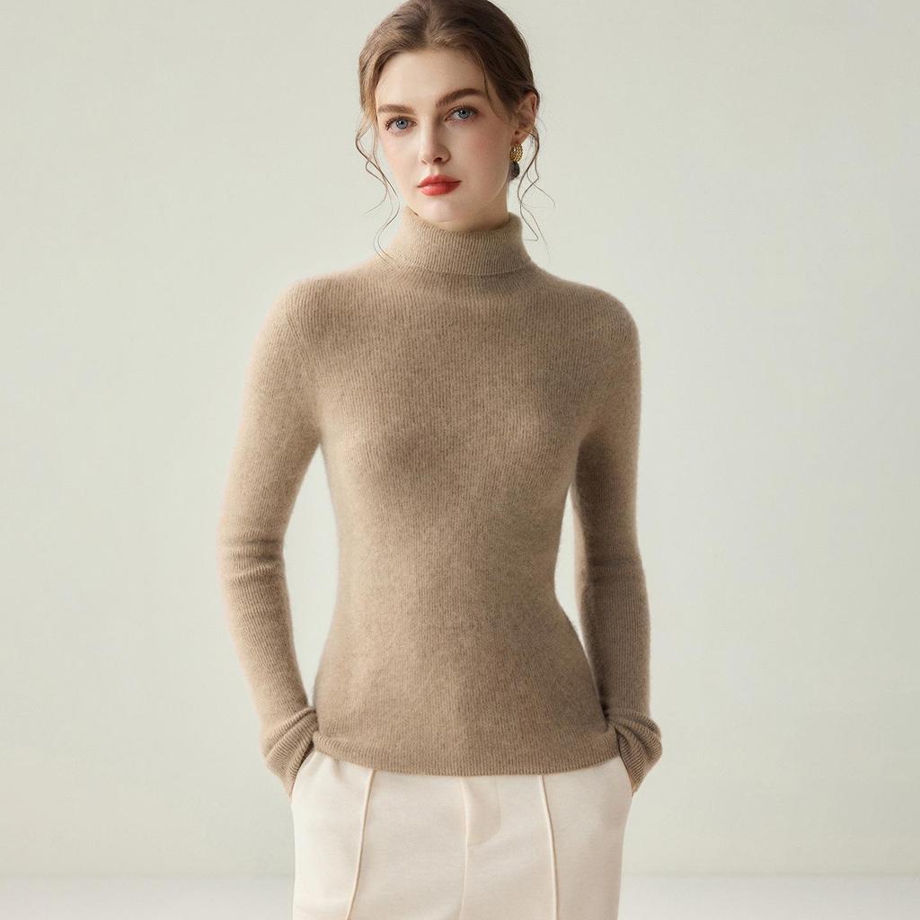 Women's 100% Cashmere Seamless High-Neck Slim-Fit Sweater - Solid Color Autumn/Winter Knitted Base Layer