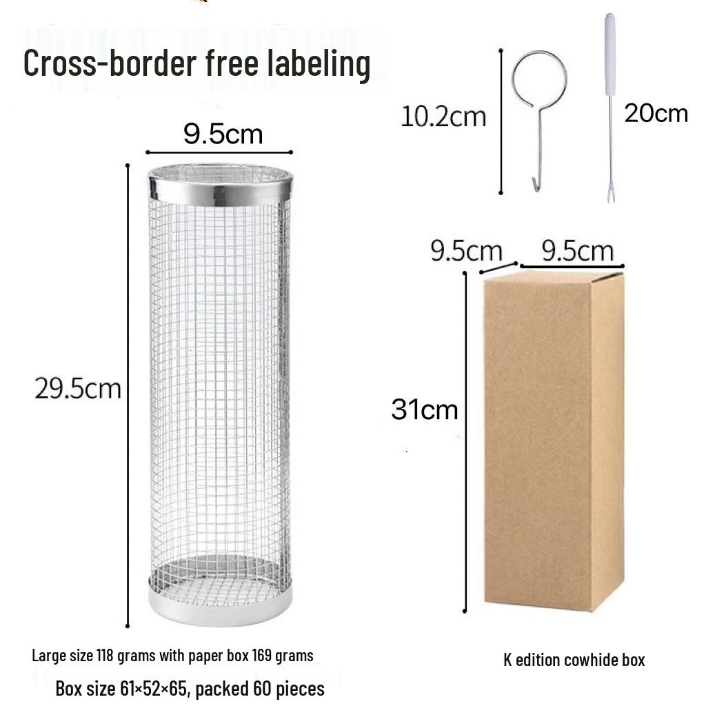 Rolling BBQ Cage: Outdoor Grill Basket with Wooden Handle, 304 Stainless Steel, Non-Infringing BBQ Cylinder Grill Net.