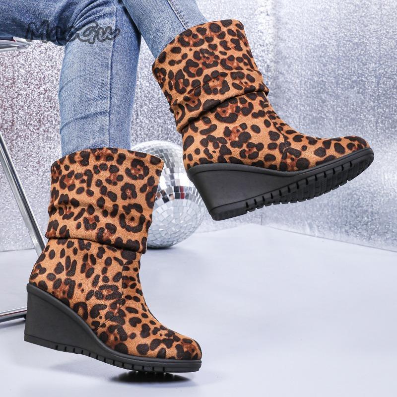 Fashion Women's Round Toe Short Boots Autumn Winter New Leopard Slip-On Ankle Booties Pleated Wedge Botines Para Mujeres Size 35-40