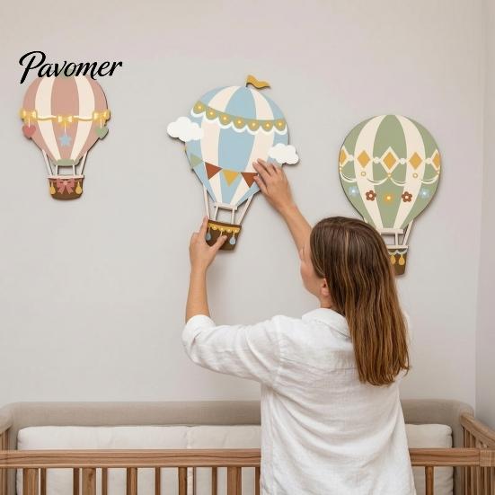 Wooden Hot Air Balloon Wall Decor 3Pcs Cute Decor, Cloud Banner Nursery 3D Art for Kids Room Hanging, Playroom Background Bedroom Pennant Hanging