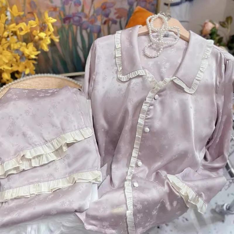 Premium Casual Comfortable Simple Pajamas Women'S Summer Sweet Lace New Long-Sleeved Loungewear Two-Piece Set