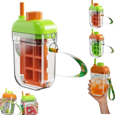 2 Pack 2 In 1 Portable Touch Free Ice Cube Trays with Straw and Lanyard Portable Ice Maker Bottle for Home Office Picnic Travel