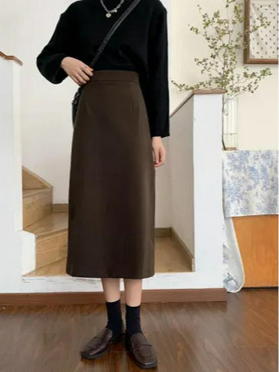 Women's 2025 Spring & Autumn High Waist Wool A-line Bodycon Skirt - Slimming Black Slit Design for Versatile Hip Coverage