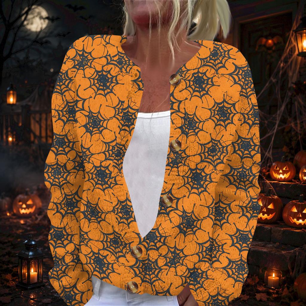 Damen Strickjacke mit langen Ärmeln und Halloween-Print, Pullover mit Knopfleiste für Herbst-Party-Outfits