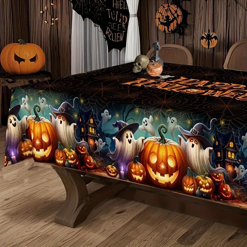 1 rectangular tablecloth, pumpkin-themed vintage Halloween tablecloth, bat and ghost vintage stylezyc