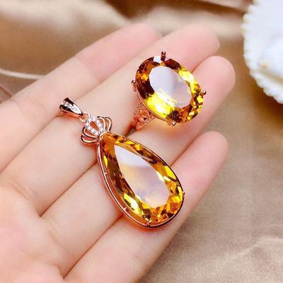Ensemble tendance de collier avec pendentif en cristal jaune et zircon et bague pour femmes