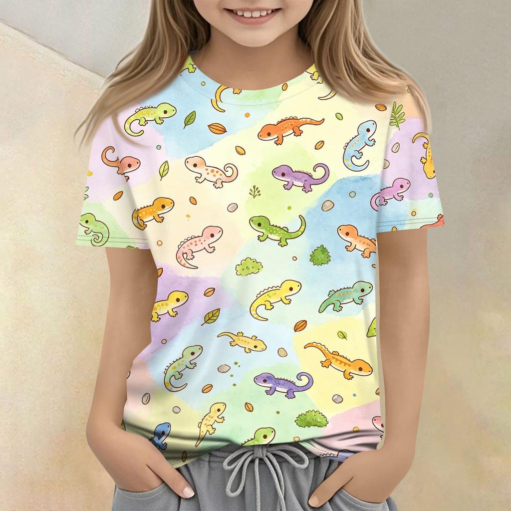 Kids Animal Print Crew Neck Short Sleeve Casual Loose Fit T Shirt Top for Children Boys Girls Summer Wear