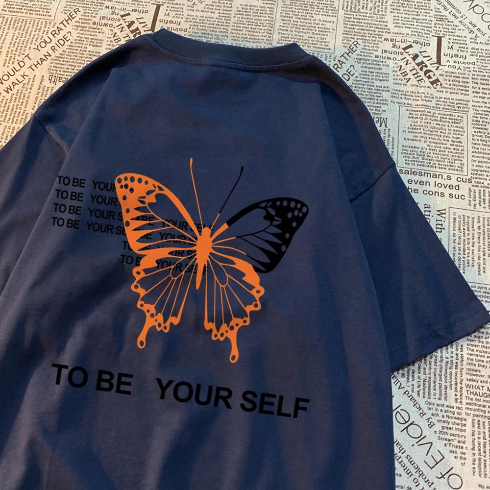 To Be Yourself A Butterfly Tshirts Men Women Oversize Vintage Sweat T Shirts Loose Cotton T-Shirts Cartoon Summer Tee Clothes
