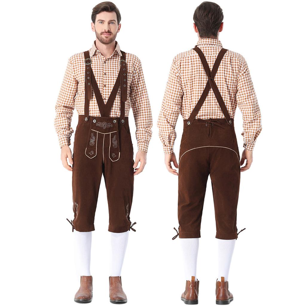 Men's German Bavarian Oktoberfest Costume Set Long Sleeve Plaid Shirt with Suspenders Pants, 2-Piece Outfit