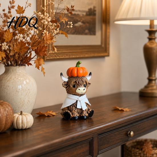 Herbst Heimdeko Niedliche Sitzende Hochlandkuh Kürbis Figur, Harz Statue Ornament Tierstatuen für Ernte Dekoration, Herbst mehrstöckiges Tablett Tischplatte
