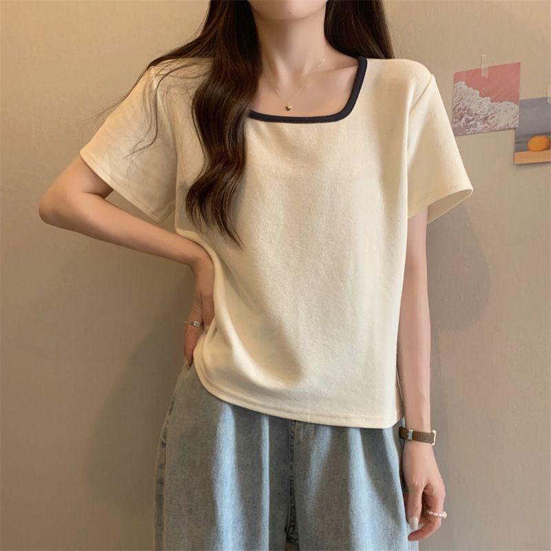 Women's Summer Loose Plus Size Square Neck Slimming Short Sleeve T-shirt - Stylish and Versatile for Chubby and Slightly Chubby Figures