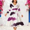 Women Plus Size V Neck Faux Fur Trim Long Sleeve White Purple Tie Dye Belted A Line Midi Dress