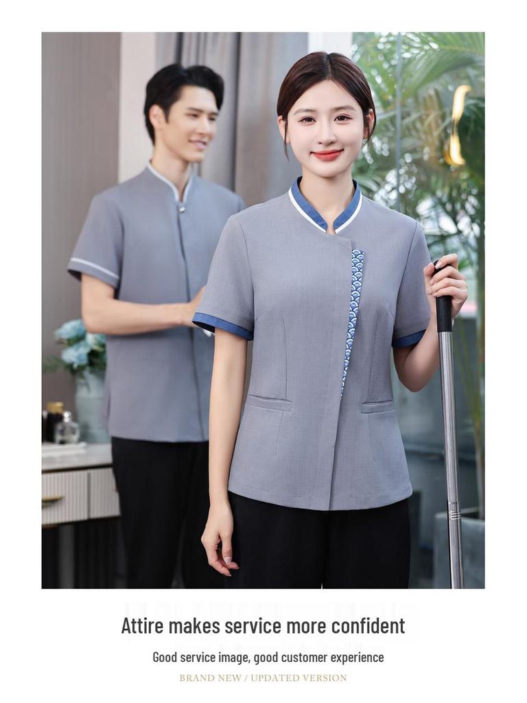 Chinese Style Short Sleeve Cleaning Uniform for Hotel and Office Staff