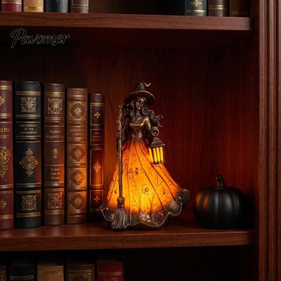 Desktop Night Light for Bedroom Halloween Witch Tabletop Lamp, Gothic with Broom & Lantern, Retro Style Desk Lamp USB Powered Spooky Ambient