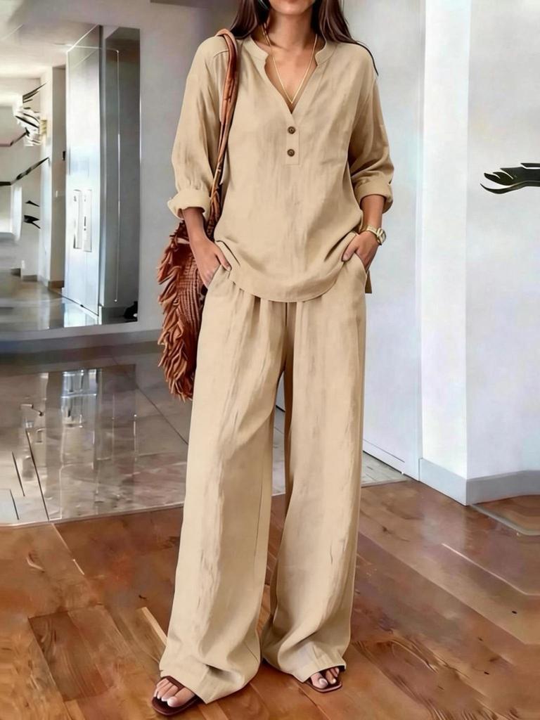 New Women's Long Sleeve Solid Loose Casual Two Piece Set