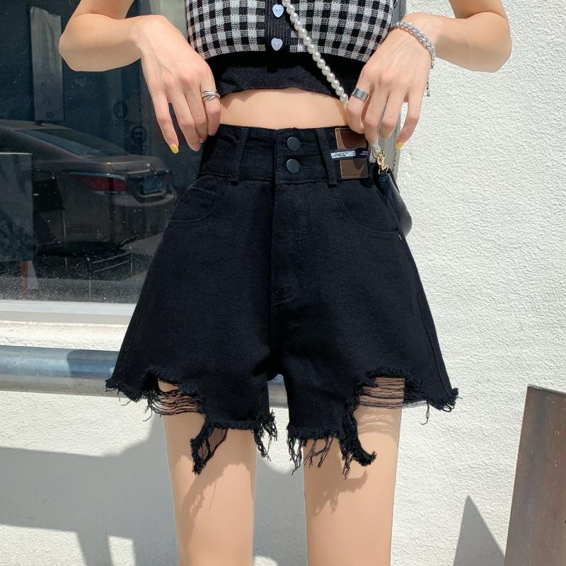 

Black Denim Shorts Women s Summer Korean Style High Waist Raw Edge Ripped A-line Pants Fashion Students Popular Y2k Rave Cycling