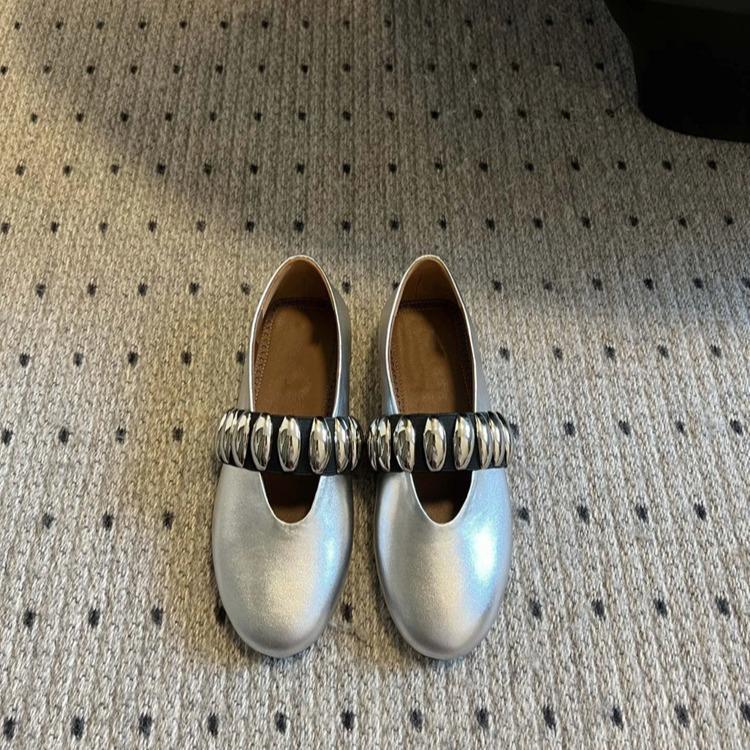 Rundkopf Ein-Wort elastische Metall-Flachboden-Mary Janes Damenschuhe Koreanisch echtes Leder Nische vielseitig kleine Lederschuhe