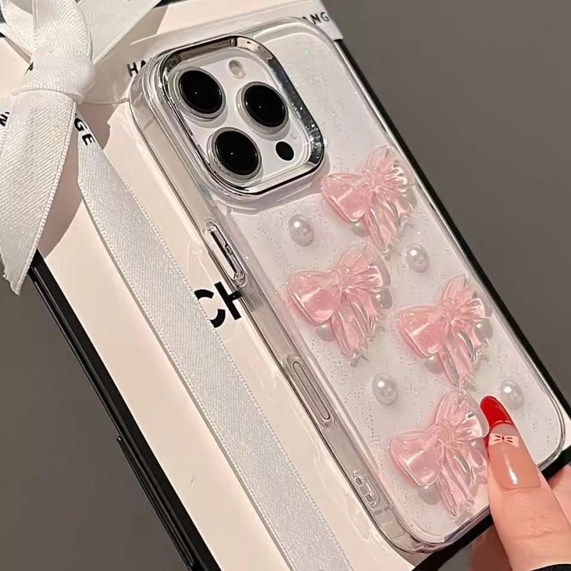 Cute 3D Pink Bowknot Pearl Glitter Phone Case For iPhone 16 15 14 13 12 11 Pro Max Plus Korean Girl Epoxy Clear Soft Back Cover