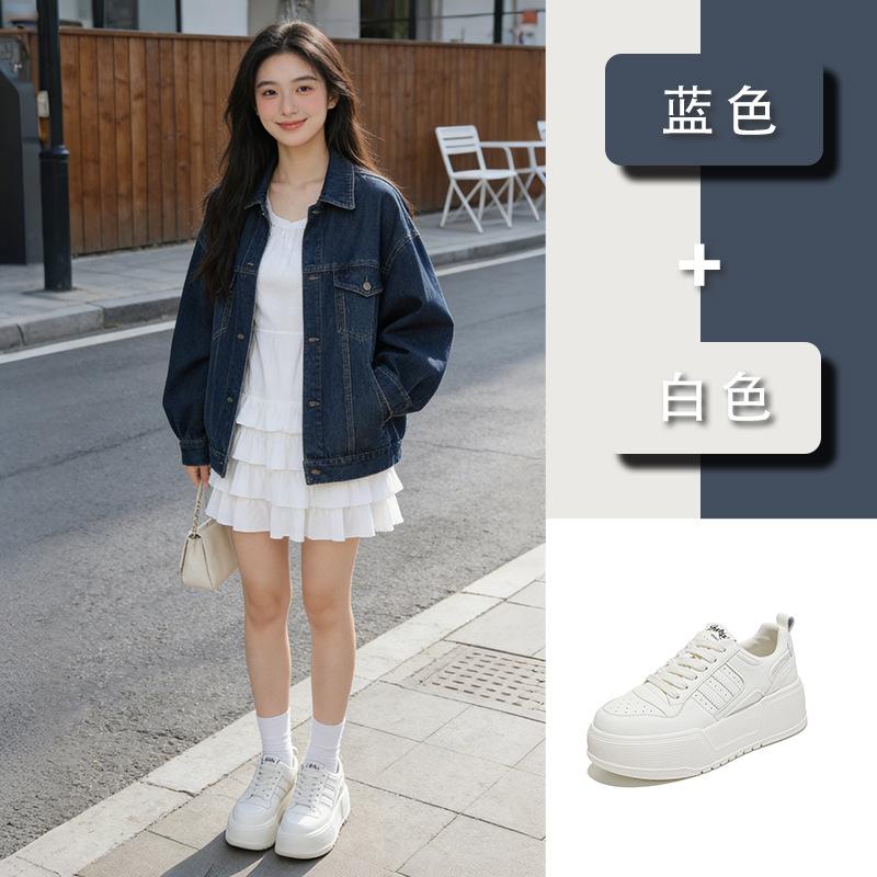 Schaumstoffsohle Leder kleine weiße Schuhe Damen dicke Sohle höhenverstellend Damenschuhe lässig vielseitig Sportschuh Board Schuhe Damen erste Schicht Rindsleder