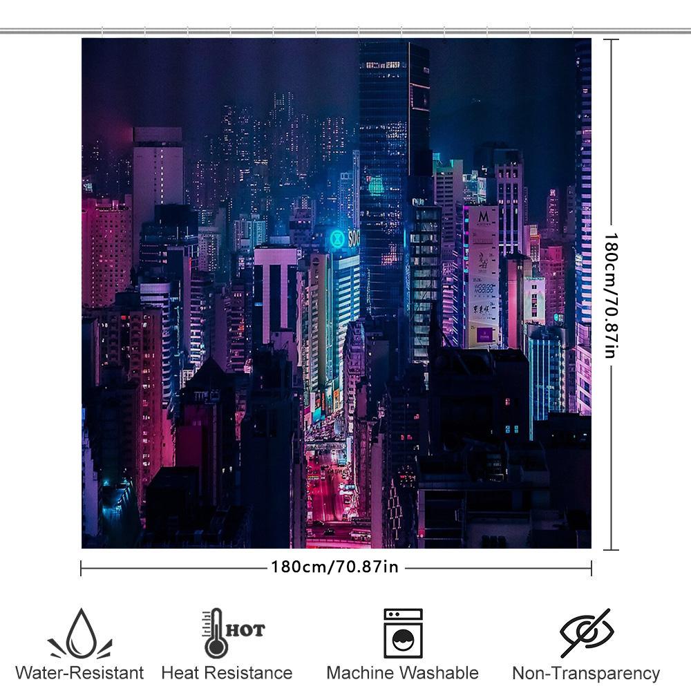Neon Cityscape Shower Curtain Modern Abstract Wall Art Vaporwave Aesthetic Home Decor Urban Nightscape Backdrop Photography