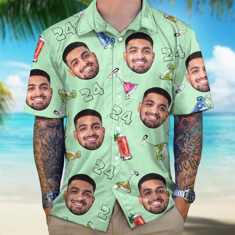 Men's Personalized 2026 Summer Hawaiian Shirt With Custom Birthday Photo, 3D Printed Tropical Plants Button Down Short Sleeve