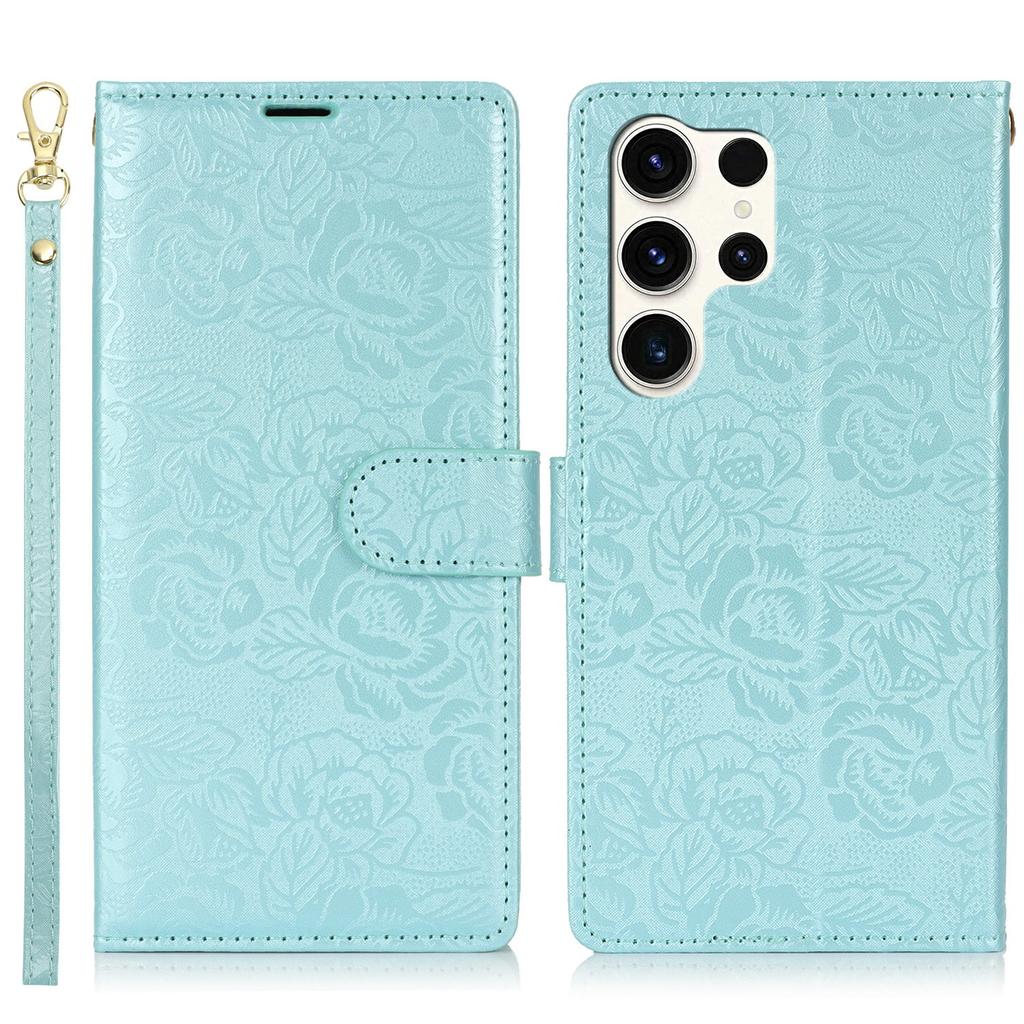 For Samsung Galaxy S25 Ultra Case with Hand Strap Flower Imprint Leather Wallet Phone Cover