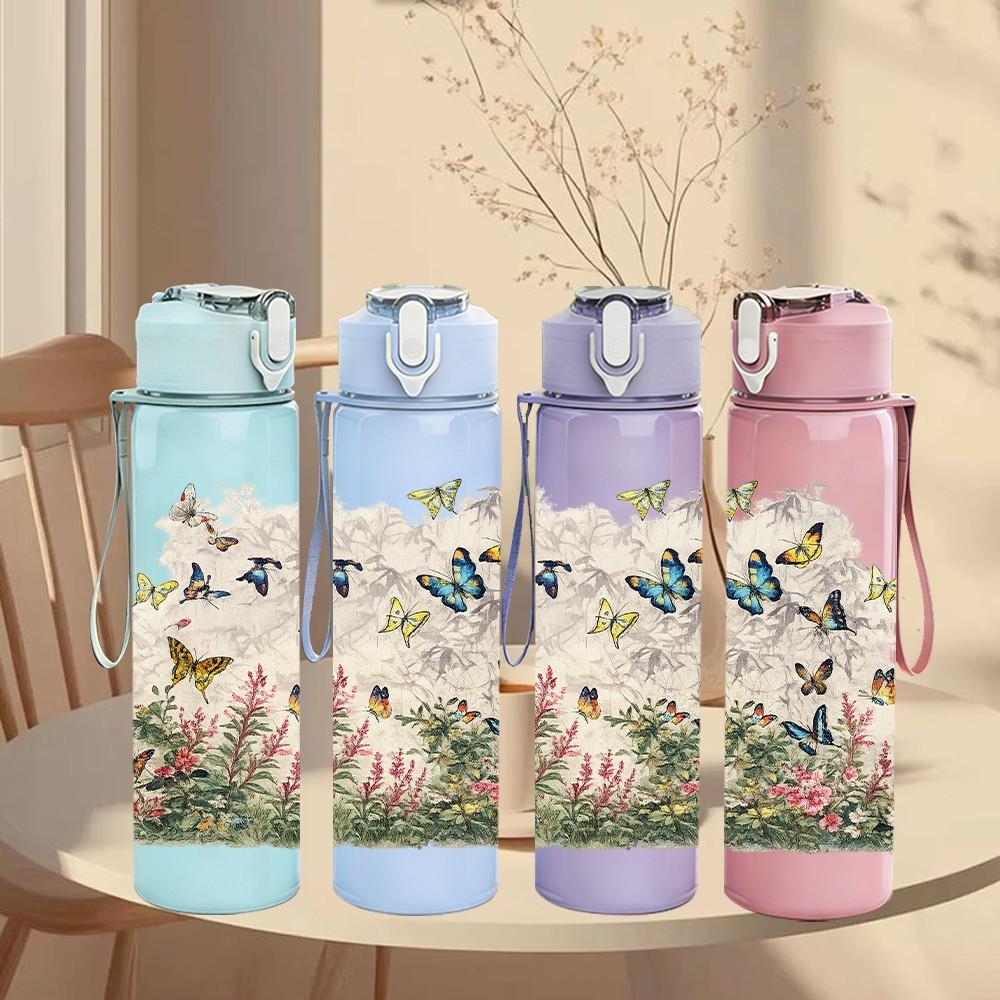 1PC Light Pastel Meadow Wildflower Print 750ml Color Plastic Sports Water Bottle Leakproof Flip Straw Lid Suitable for Sports Office Home Use