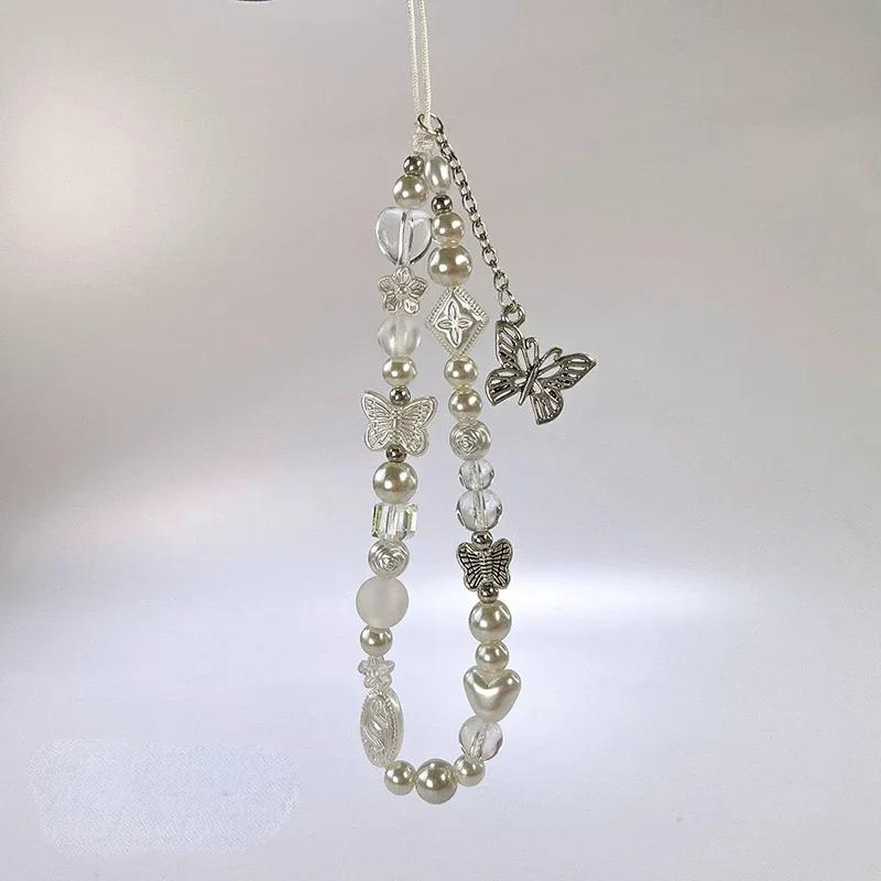Cute Silver Butterfly Pearl on the Phone Charm Cute Lanyard Cell Phone Strap Pendant For Woman Mobile Accessories