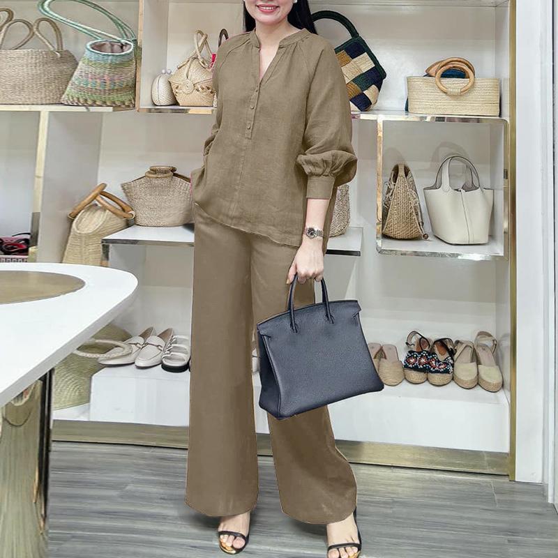 ZANZEA Bluzka z długim rękawem i spodnie damskie, casualowe dwuczęściowe zestawy garniturowe