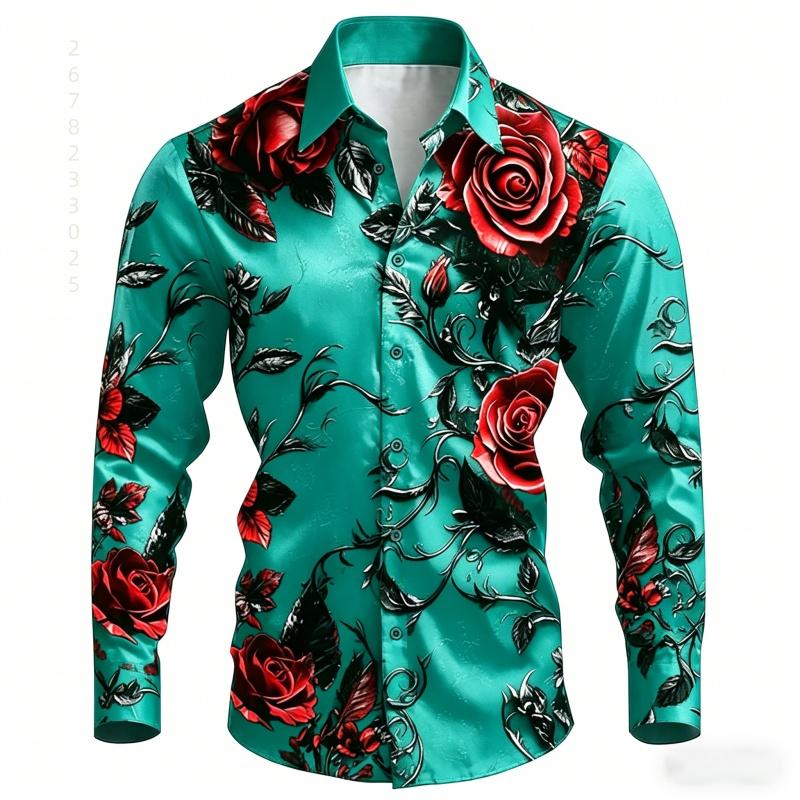 2026 New Men's Shirt with Black Background and Red Rose Print, Slim Fit and No Iron Business Casual Shirt, Versatile Top