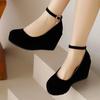Platform Women's Wedge High Heels Wedding Shoes 2025 New Strap Spring Fashion Flock Black Red Heeled Party Office Dance Shoes