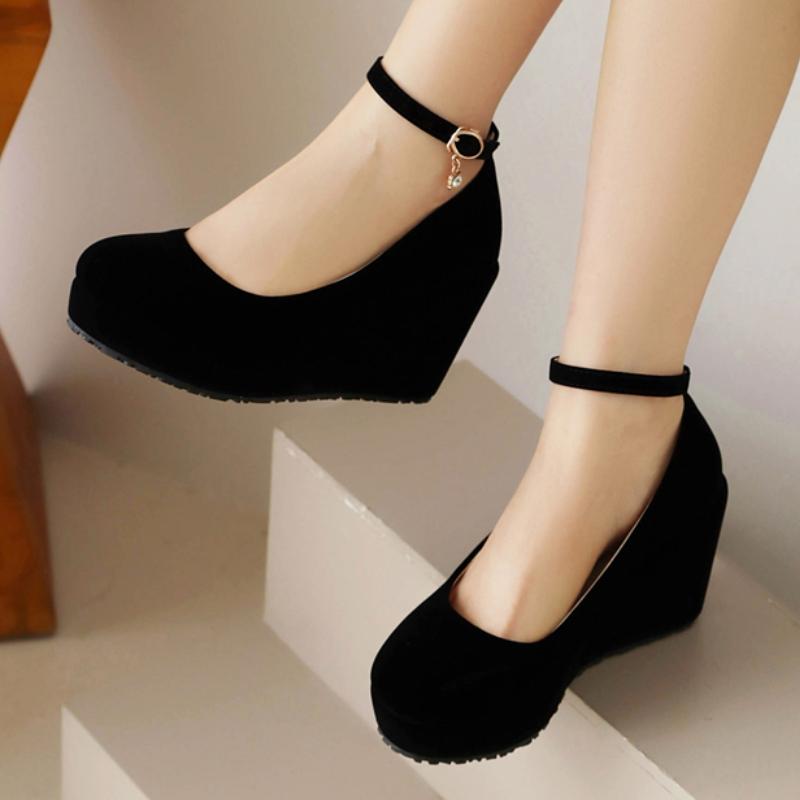 Platform Women's Wedge High Heels Wedding Shoes 2025 New Strap Spring Fashion Flock Black Red Heeled Party Office Dance Shoes