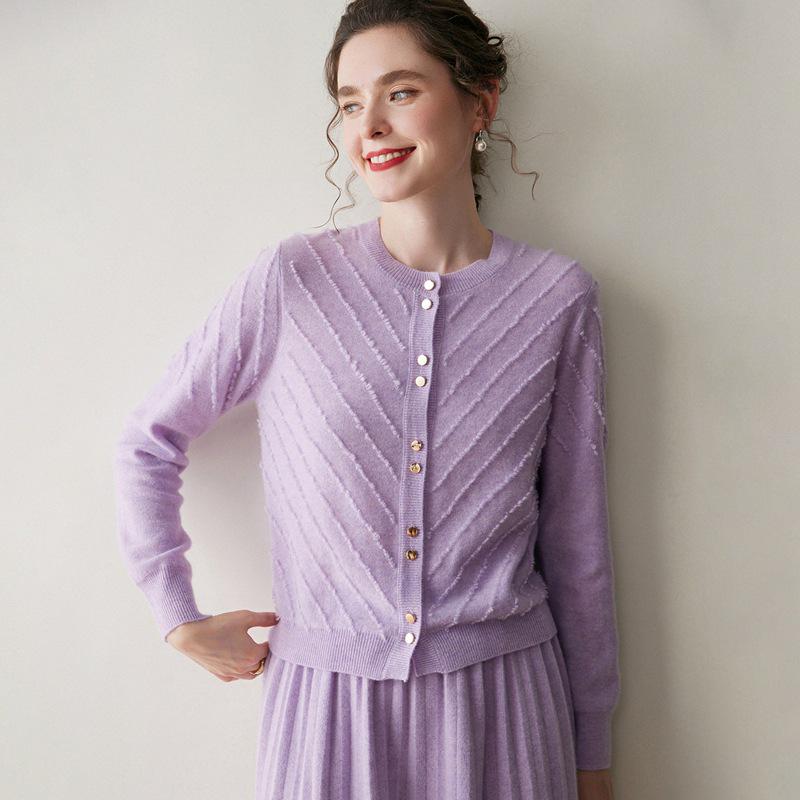 Women's Cashmere Terry Loop Cardigan - Autumn/Winter 2026 Round Neck Wool Knit Sweater, Versatile Outerwear.