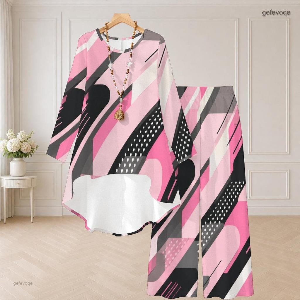 Women Plus Size Round Neck Long Sleeve Multicolor Geometric Printed High Low Top Wide Leg Pants Two Piece Set